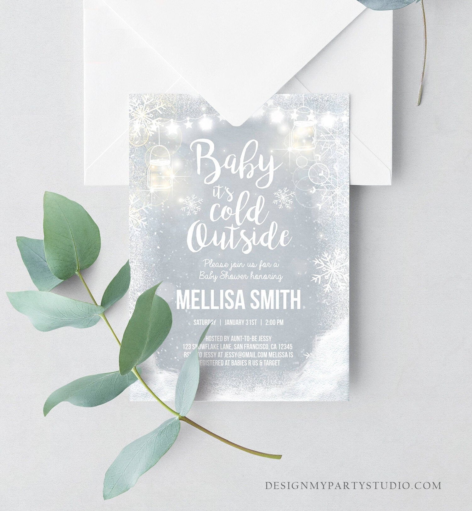 Editable Baby Its Cold Outside Baby Shower Invitation Mason Jars Rustic Grey Lights Winter Snow Invite Template Instant Download Corjl 0031
