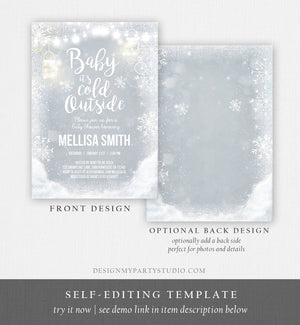 Editable Baby Its Cold Outside Baby Shower Invitation Mason Jars Rustic Grey Lights Winter Snow Invite Template Instant Download Corjl 0031