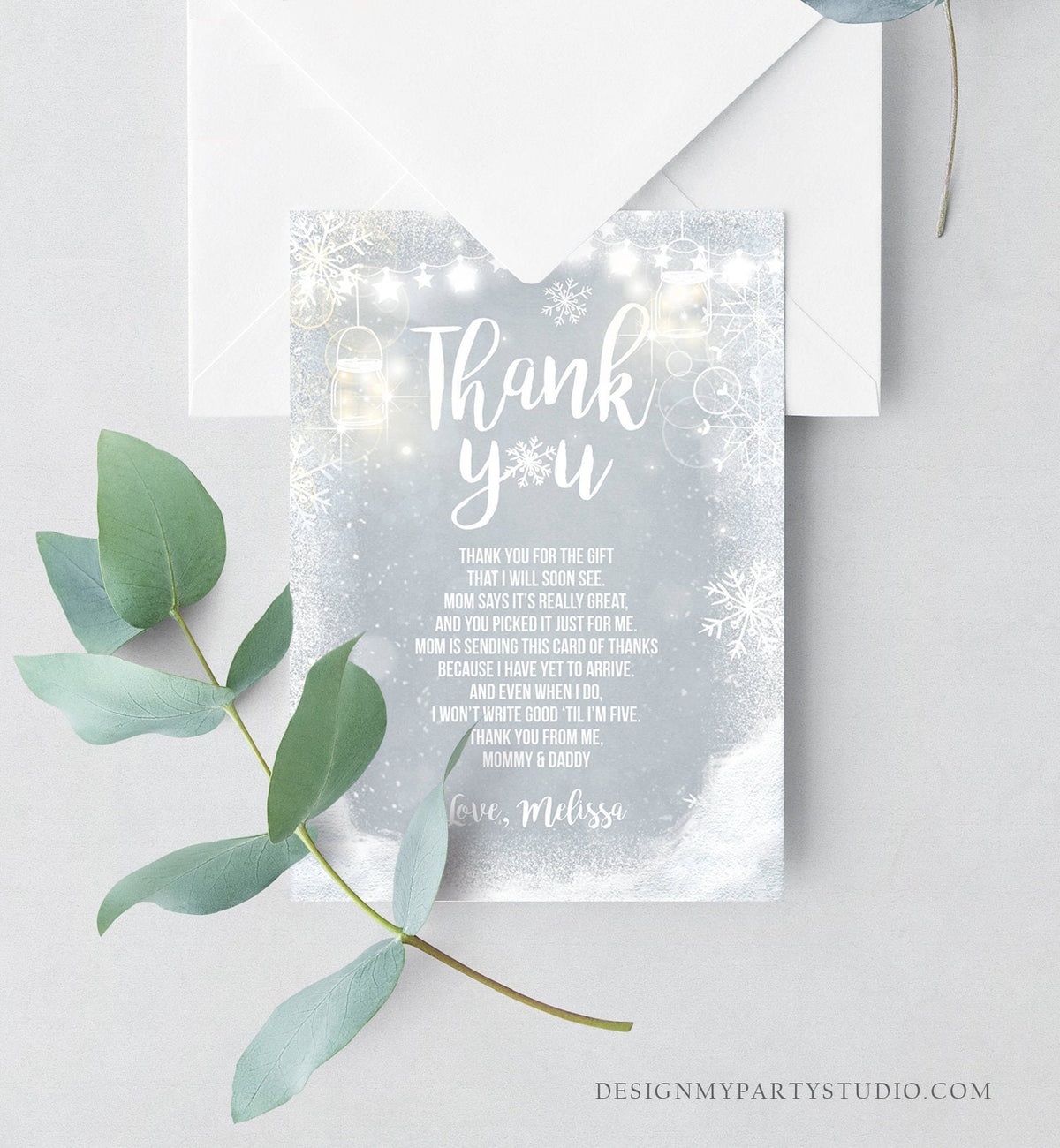 Editable Winter Thank You Card Baby Its Cold Outside Baby shower Thank you note Winter Rustic Snowflakes Lights Template Download Corjl 0031