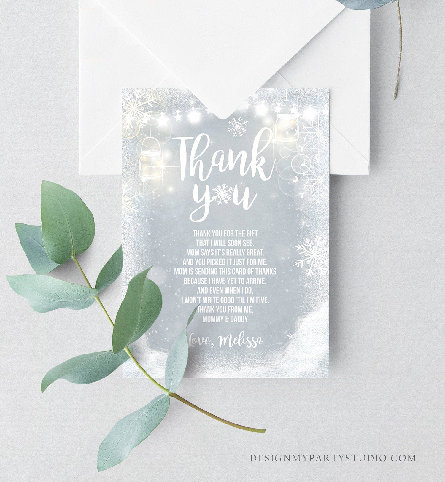 Editable Winter Thank You Card Baby Its Cold Outside Baby shower Thank you note Winter Rustic Snowflakes Lights Template Download Corjl 0031