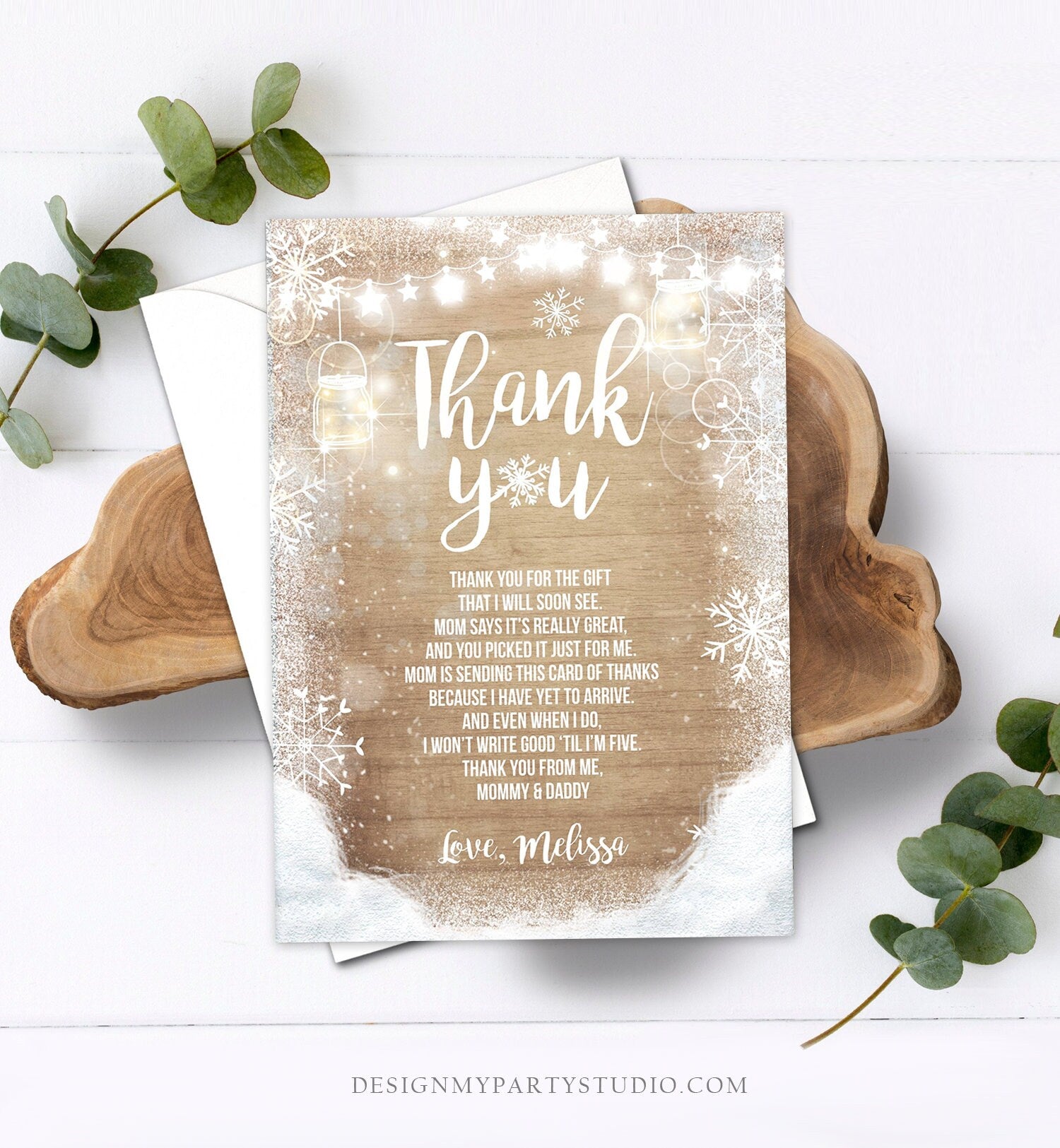 Editable Winter Thank You Card Baby Its Cold Outside Baby shower Thank you note Rustic Wood Snowflakes Template Instant Download Corjl 0031