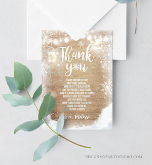 Editable Winter Thank You Card Baby Its Cold Outside Baby shower Thank you note Rustic Wood Snowflakes Template Instant Download Corjl 0031