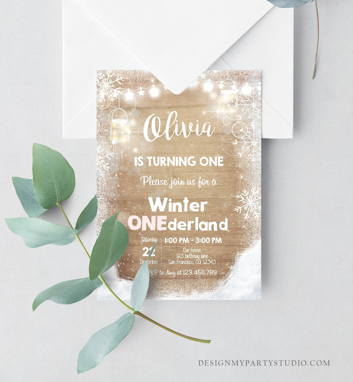 Editable Winter ONEderland Birthday Invite First Birthday Snowflake Girl Pink Rustic Wood Download Printable Invite Template Corjl 0031