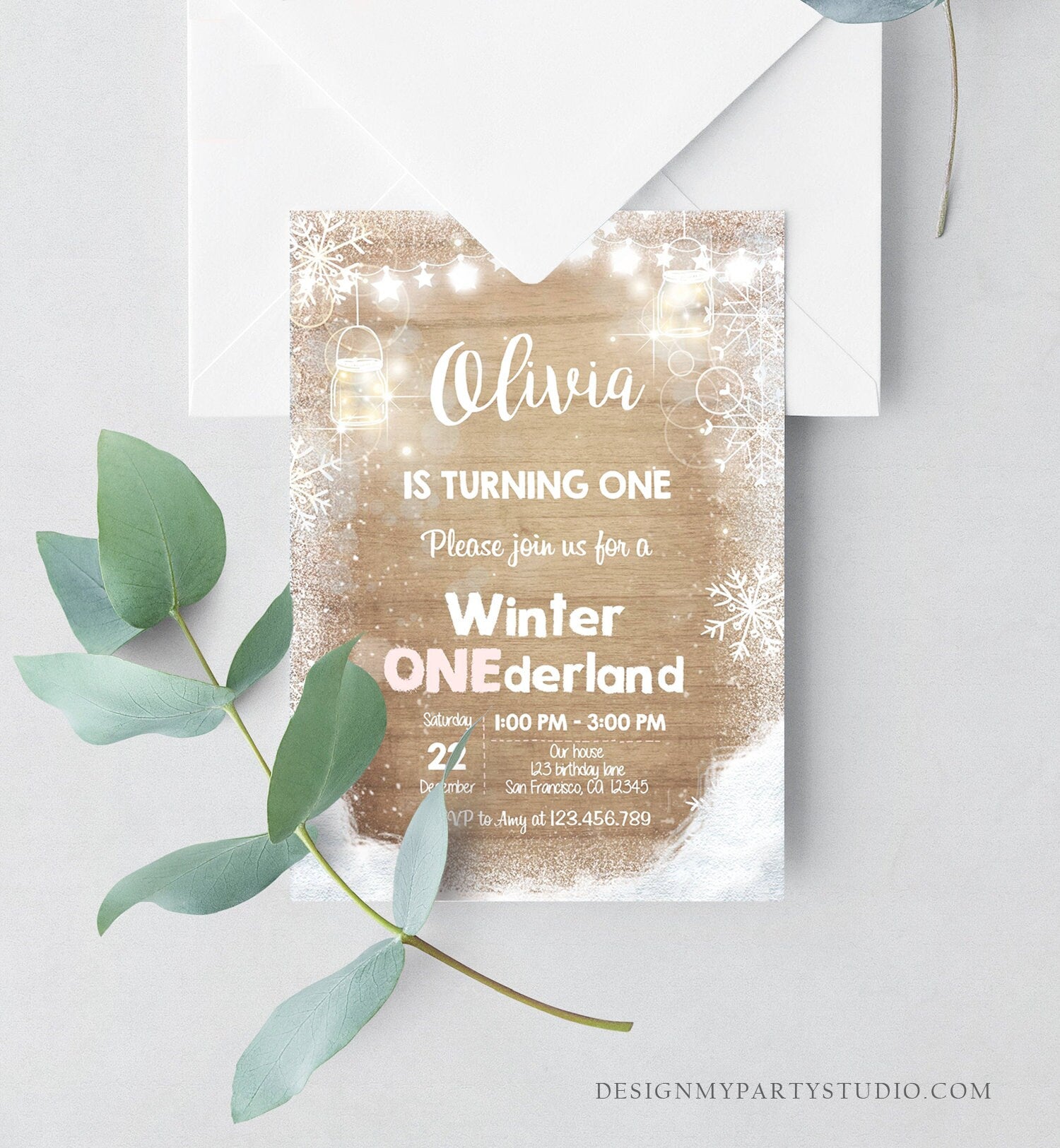 Editable Winter ONEderland Birthday Invite First Birthday Snowflake Girl Pink Rustic Wood Download Printable Invite Template Corjl 0031