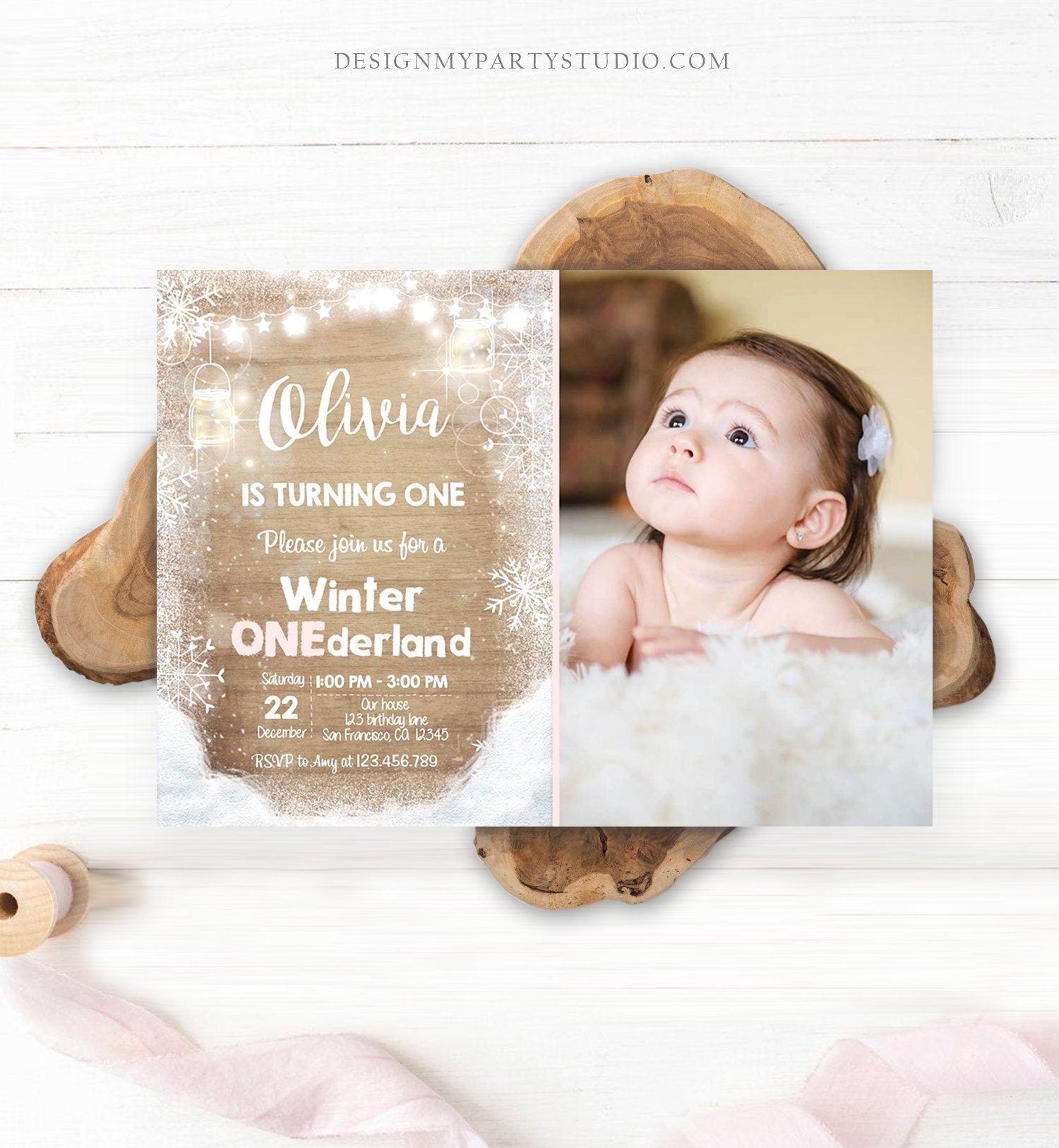Editable Winter ONEderland Birthday Invite First Birthday Snowflake Girl Pink Rustic Wood Download Printable Invite Template Corjl 0031