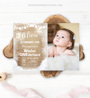 Editable Winter ONEderland Birthday Invite First Birthday Snowflake Girl Pink Rustic Wood Download Printable Invite Template Corjl 0031