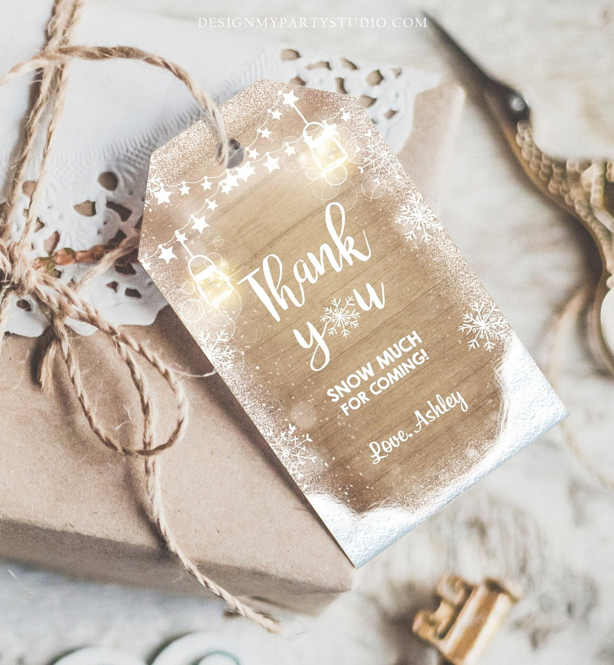 Editable Winter Thank you tags Baby Shower Favor Tags Rustic Wood Snowflakes Snow Winter Onederland Birthday Template PRINTABLE Corjl 0031