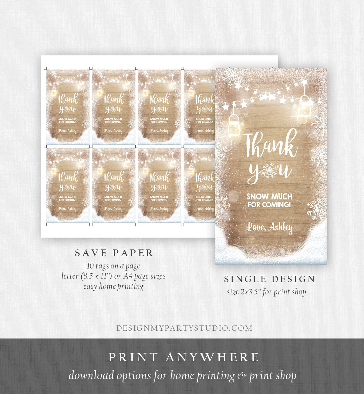 Editable Winter Thank you tags Baby Shower Favor Tags Rustic Wood Snowflakes Snow Winter Onederland Birthday Template PRINTABLE Corjl 0031