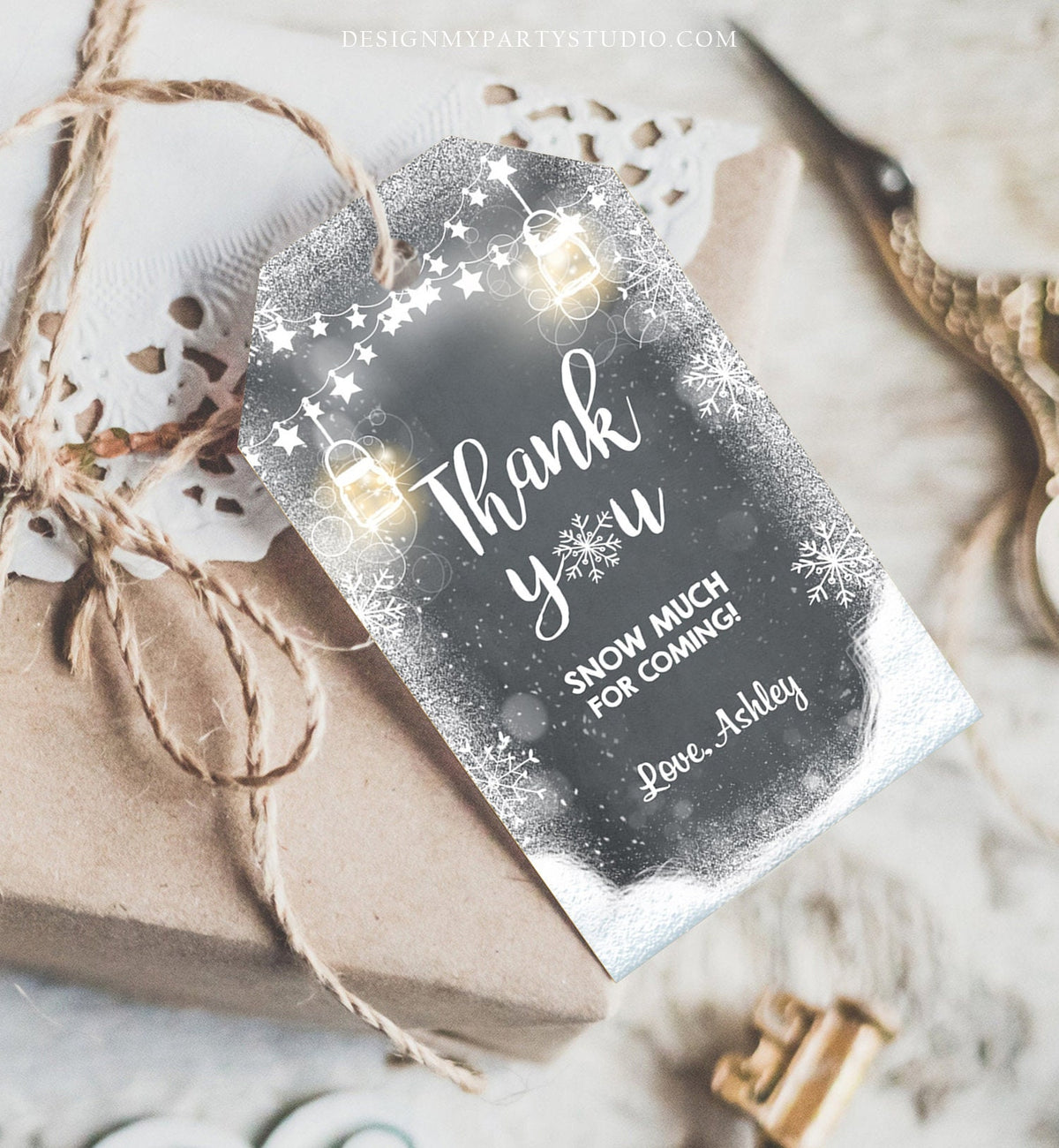 Editable Winter Thank you tags Baby Shower Favor Tags Rustic Black Snowflakes Snow Winter Onederland Birthday Template PRINTABLE Corjl 0031