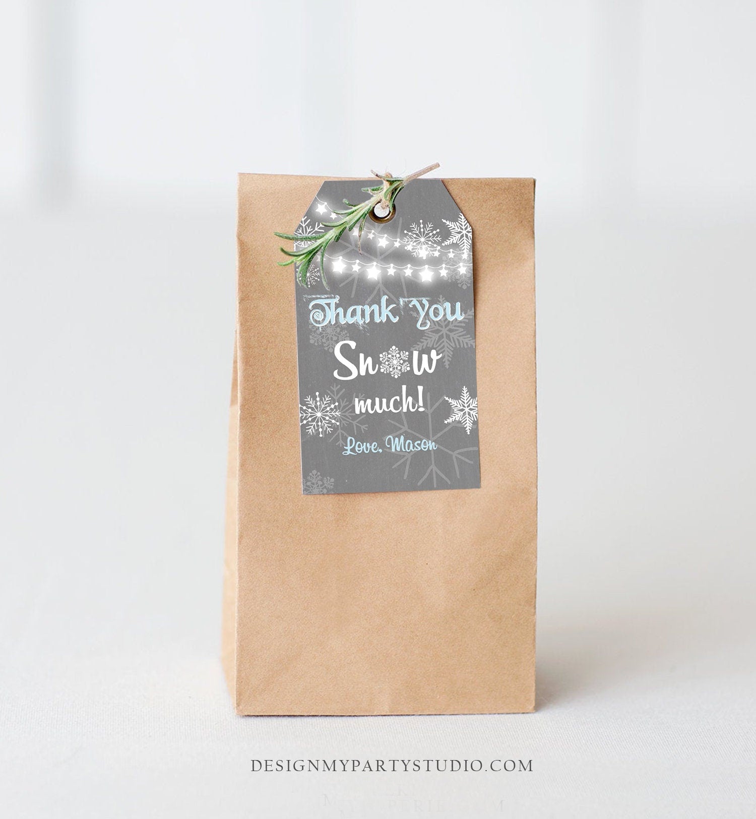 Editable Winter Birthday Favor Tags Blue Gray Snowflakes Snow Winter Onederland Boy Thank you Baby Shower Template PRINTABLE Corjl 0027