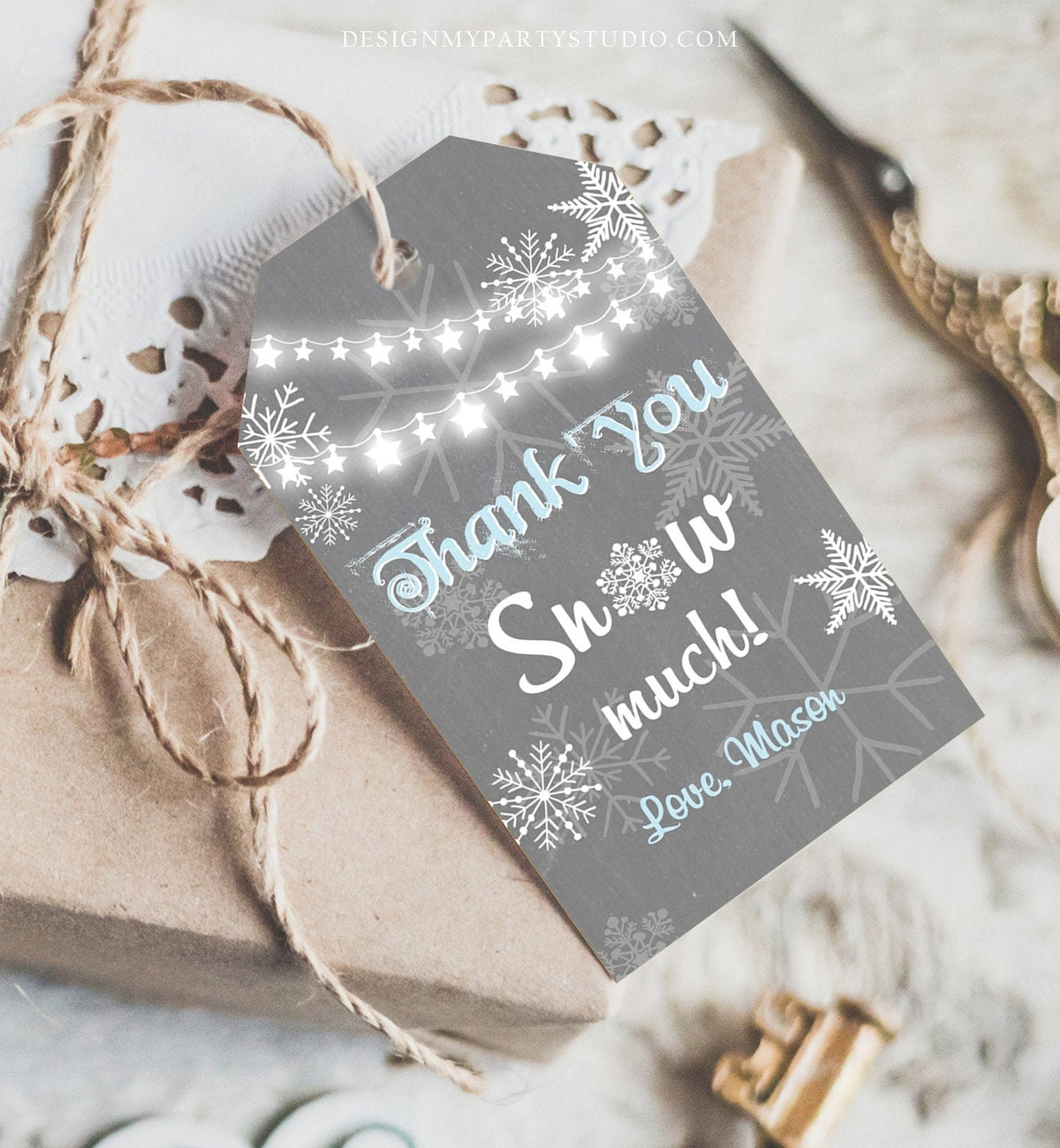Editable Winter Birthday Favor Tags Blue Gray Snowflakes Snow Winter Onederland Boy Thank you Baby Shower Template PRINTABLE Corjl 0027