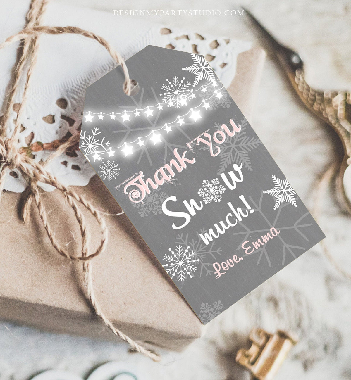 Editable Winter Birthday Favor Tags Pink Gray Snowflakes Snow Winter Onederland Girl Thank you Baby Shower Template PRINTABLE Corjl 0027