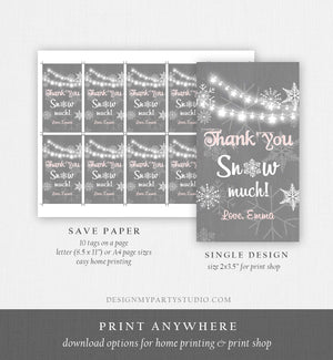 Editable Winter Birthday Favor Tags Pink Gray Snowflakes Snow Winter Onederland Girl Thank you Baby Shower Template PRINTABLE Corjl 0027