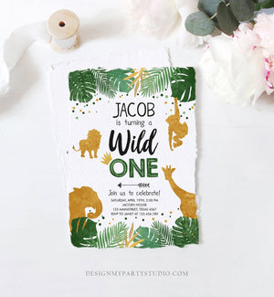 Editable Wild One Birthday Invitation Safari Animals Jungle Zoo Animals Black Gold First Birthday 1st Download Printable Corjl Template 0016