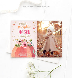 Editable Our Little Pumpkin Birthday Invitation Girl Pink Fall Autumn 1st Birthday Pink Gold 2nd Download Printable Corjl Template 0198