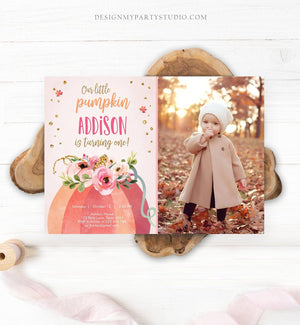 Editable Our Little Pumpkin Birthday Invitation Girl Pink Fall Autumn 1st Birthday Pink Gold 2nd Download Printable Corjl Template 0198