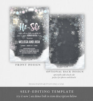 Editable Winter Gender Reveal Party Invitation Cold Outside Snow Boy or Girl He or She Rustic Invite Template Instant Download Corjl 0031