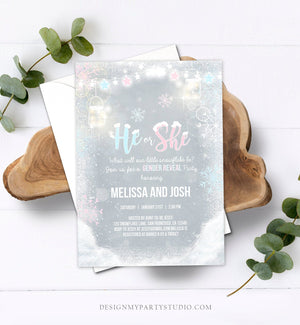 Editable Winter Gender Reveal Party Invite Cold Outside Snow Boy or Girl He or She Rustic Invitation Template Instant Download Corjl 0031