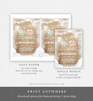 Editable Winter Gender Reveal Invitation Cold Outside Snow Boy or Girl He or She Wood Rustic Invite Template Instant Download Corjl 0031