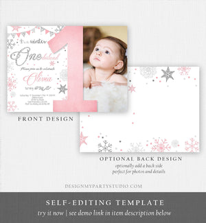 Editable Winter ONEderland Birthday Invitation First Birthday Snow Girl Pink Silver Glitter Download Printable Invite Template Corjl 0034