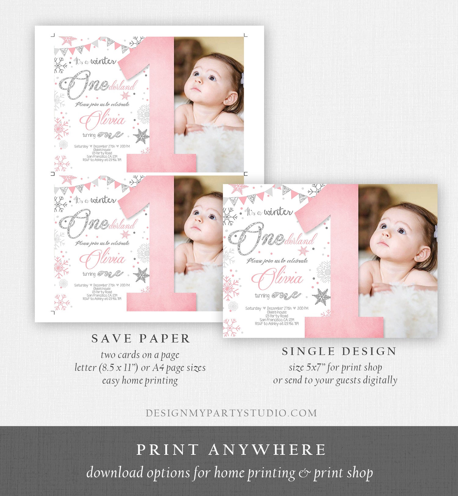 Editable Winter ONEderland Birthday Invitation First Birthday Snow Girl Pink Silver Glitter Download Printable Invite Template Corjl 0034