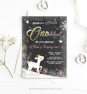 Editable Winter ONEderland Birthday Invitation First Birthday Snowflake Girl Pink Gold Deer Princess Crown Printable Template Corjl 0034