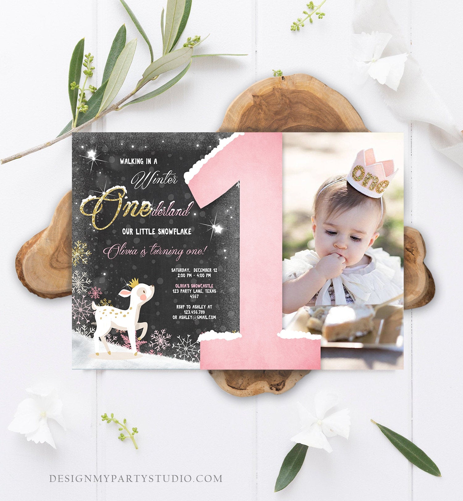 Editable Winter ONEderland Birthday Invitation First Birthday Snowflake Girl Pink Gold Deer Princess Crown Printable Template Corjl 0034