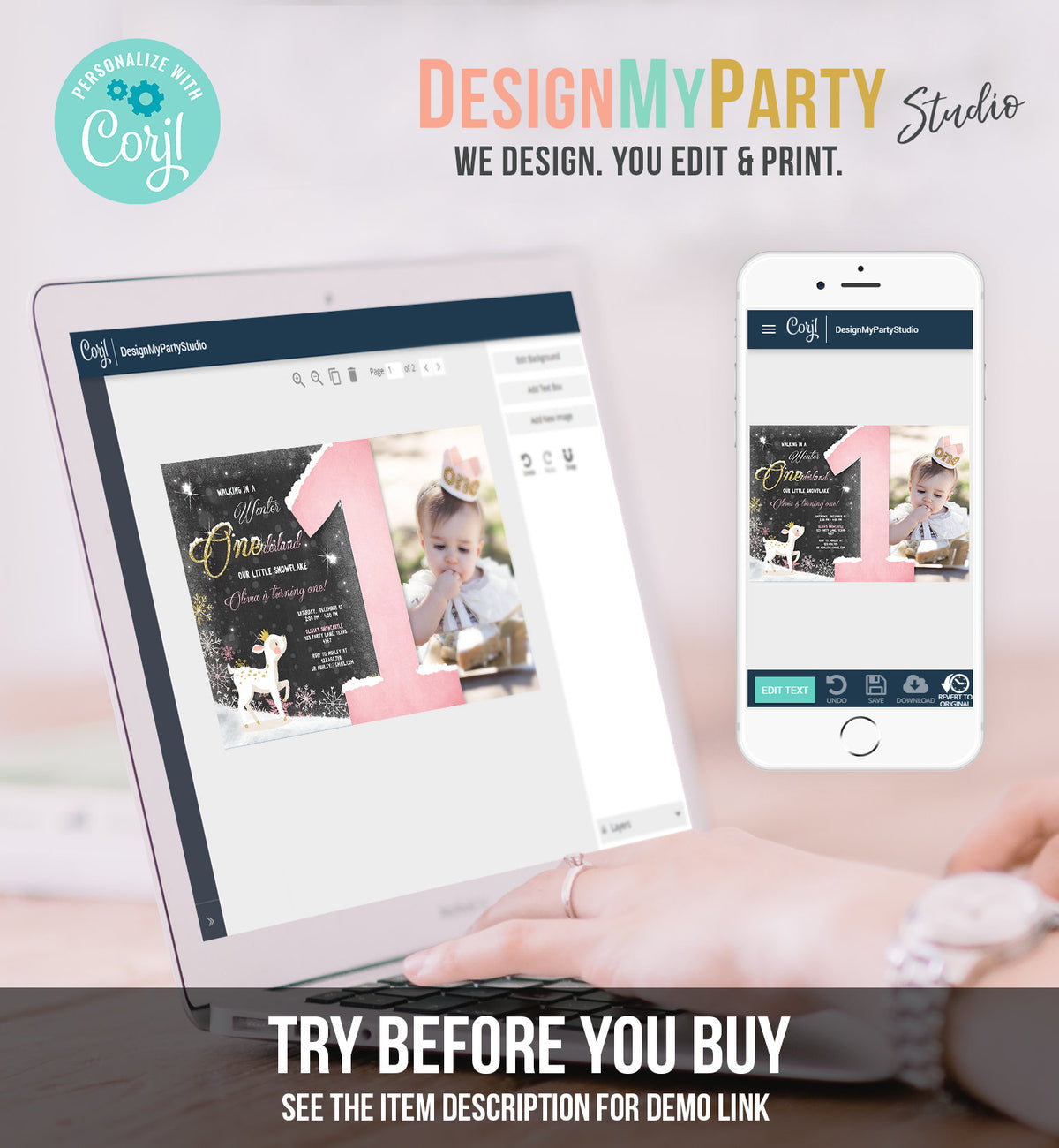 Editable Winter ONEderland Birthday Invitation First Birthday Snowflake Girl Pink Gold Deer Princess Crown Printable Template Corjl 0034