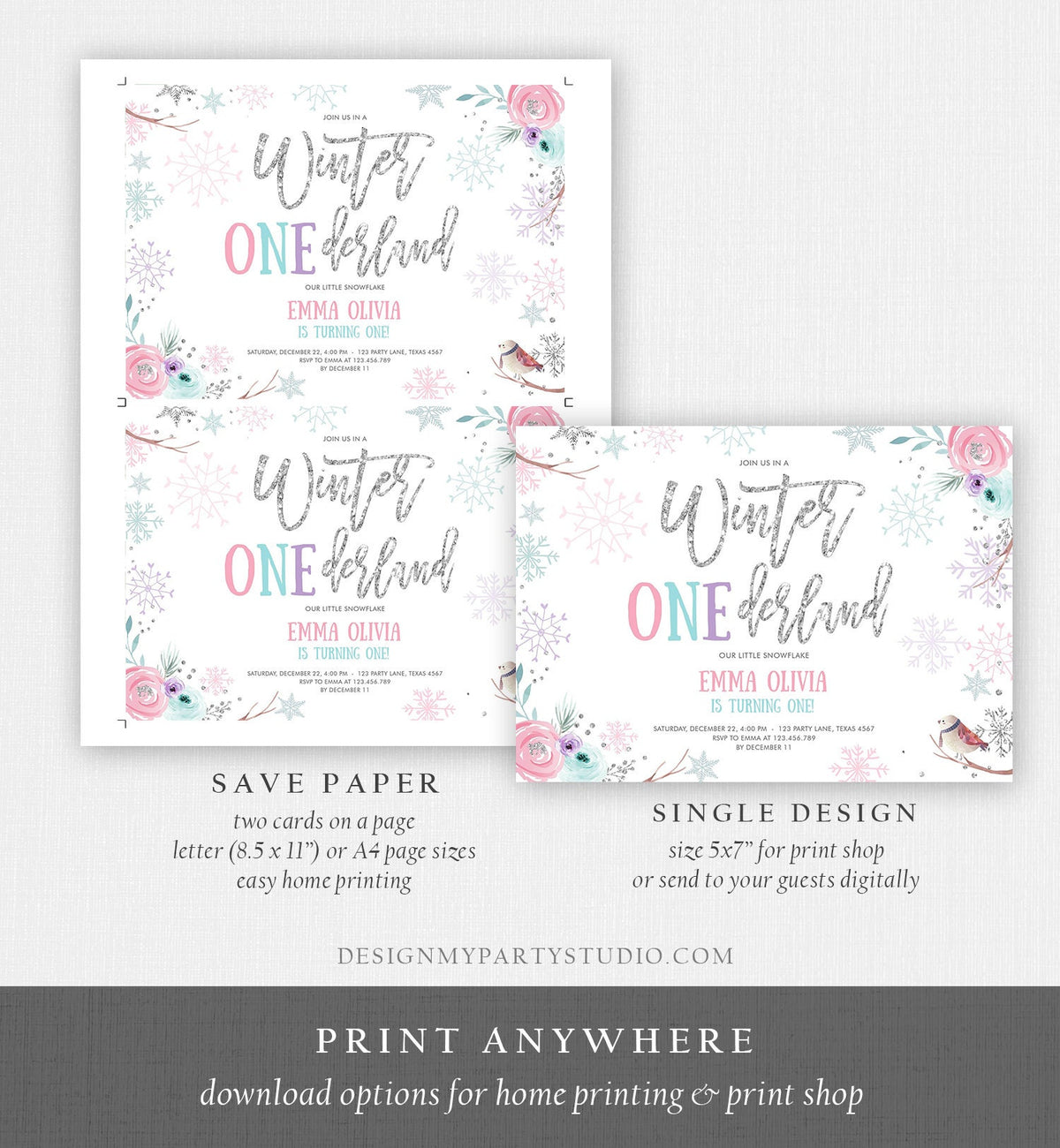 Editable Winter ONEderland Birthday Invitation First Birthday Snowflake Pink Silver Purple Floral Printable Invitation Template Corjl 0256