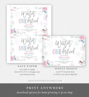 Editable Winter ONEderland Birthday Invitation First Birthday Snowflake Pink Silver Purple Floral Printable Invitation Template Corjl 0256