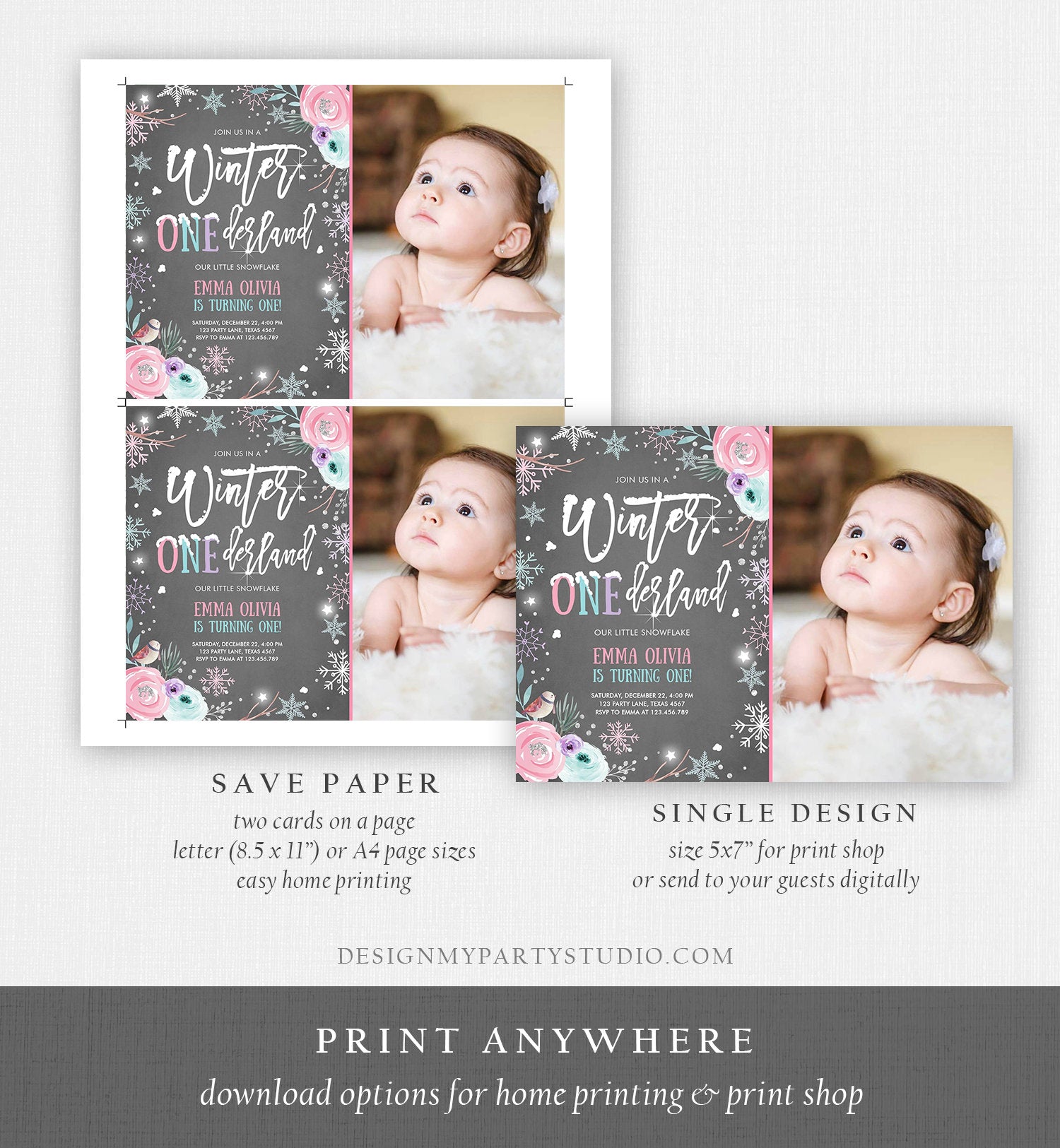 Editable Winter ONEderland Birthday Invitation First Birthday Snowflake Pink Silver Purple Floral Printable Invitation Template Corjl 0256
