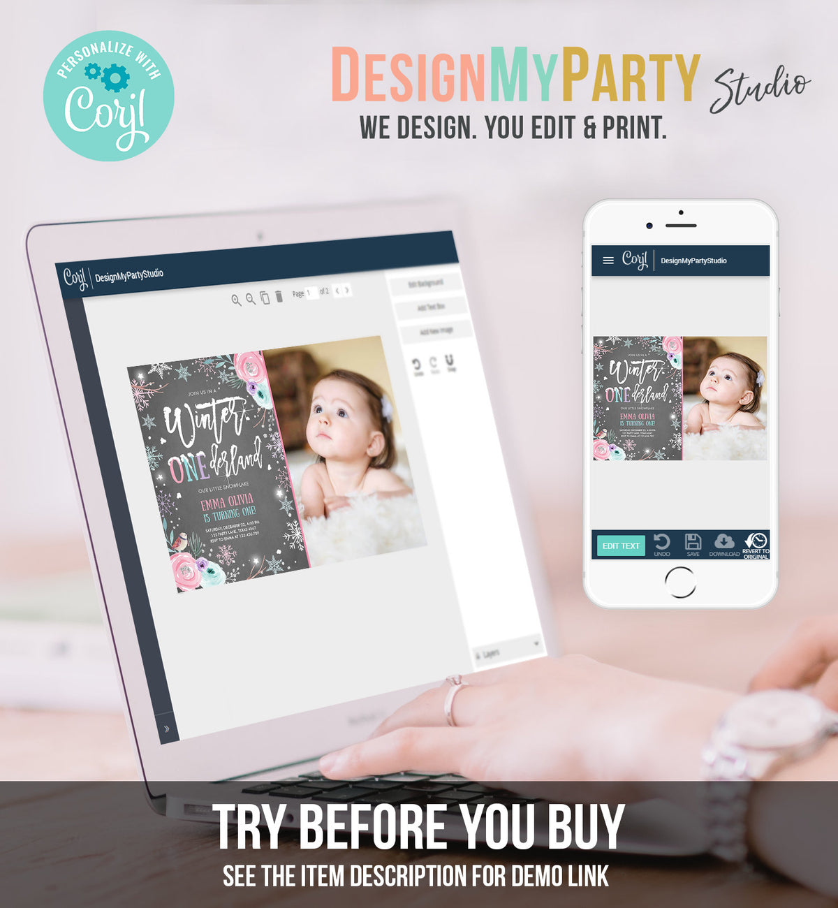 Editable Winter ONEderland Birthday Invitation First Birthday Snowflake Pink Silver Purple Floral Printable Invitation Template Corjl 0256