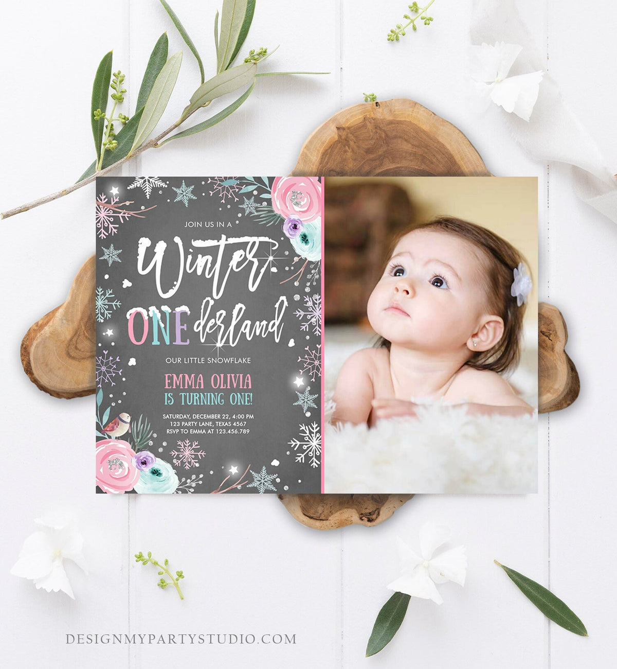 Editable Winter ONEderland Birthday Invitation First Birthday Snowflake Pink Silver Purple Floral Printable Invitation Template Corjl 0256