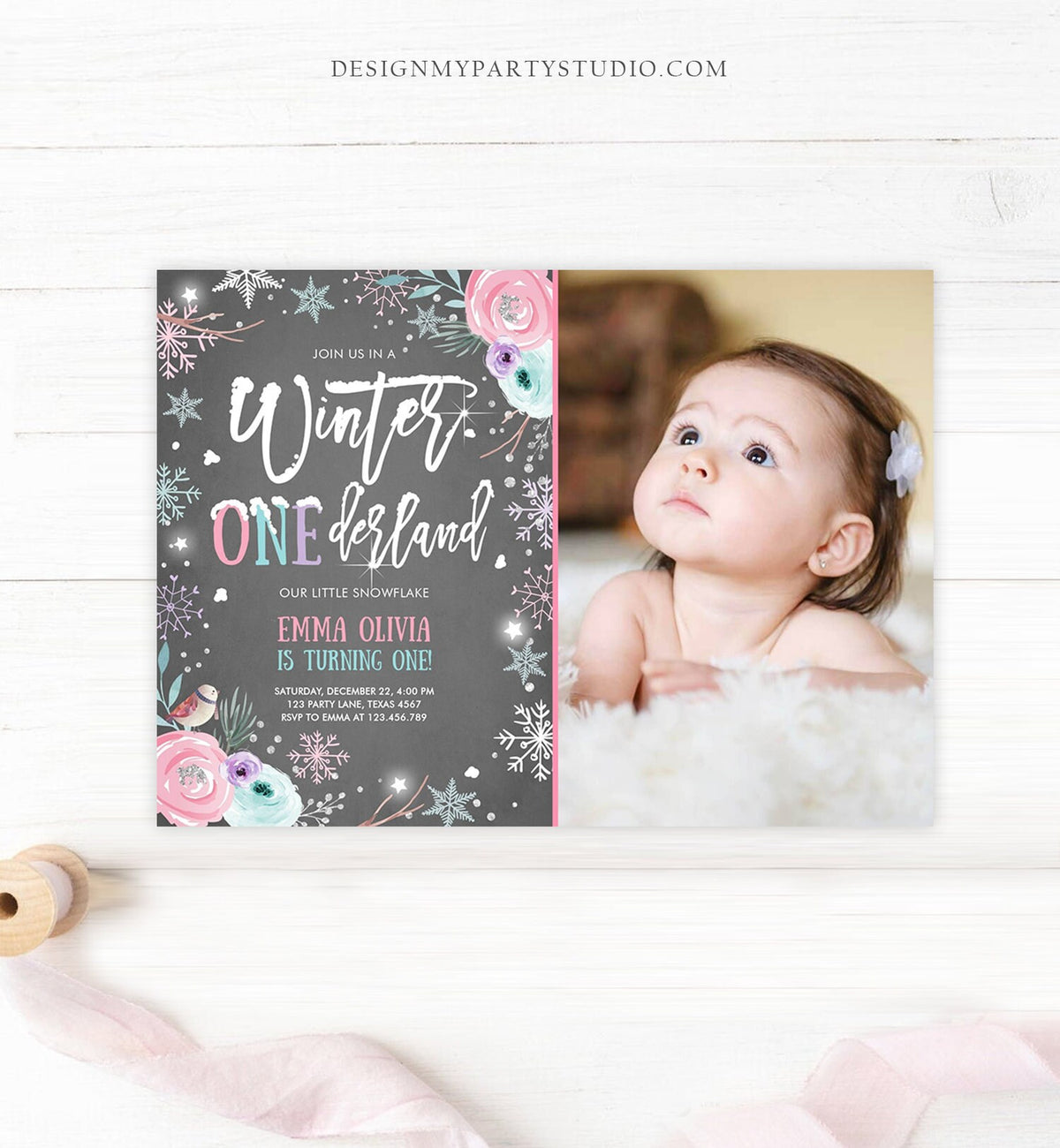 Editable Winter ONEderland Birthday Invitation First Birthday Snowflake Pink Silver Purple Floral Printable Invitation Template Corjl 0256