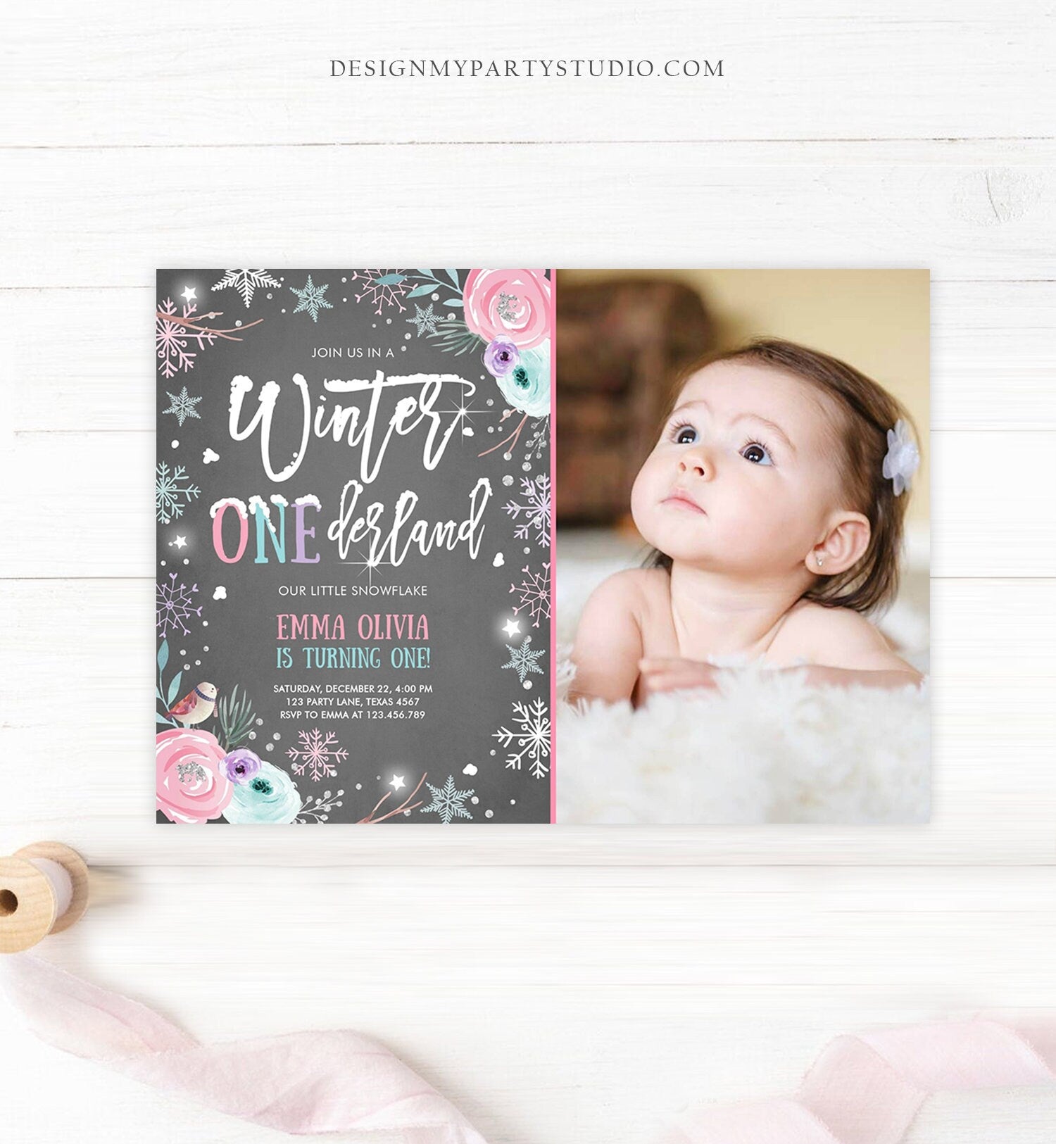Editable Winter ONEderland Birthday Invitation First Birthday Snowflake Pink Silver Purple Floral Printable Invitation Template Corjl 0256