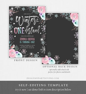Editable Winter ONEderland Birthday Invitation First Birthday Snowflake Pink Silver Black Floral Printable Invitation Template Corjl 0256
