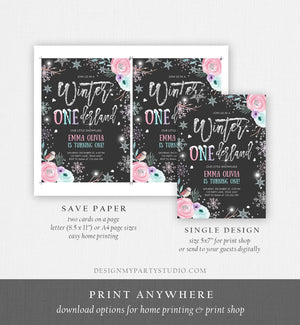 Editable Winter ONEderland Birthday Invitation First Birthday Snowflake Pink Silver Black Floral Printable Invitation Template Corjl 0256