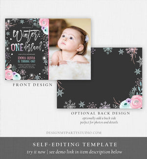 Editable Winter ONEderland Birthday Invitation First Birthday Snowflake Pink Silver Floral Printable Invitation Template Corjl 0256