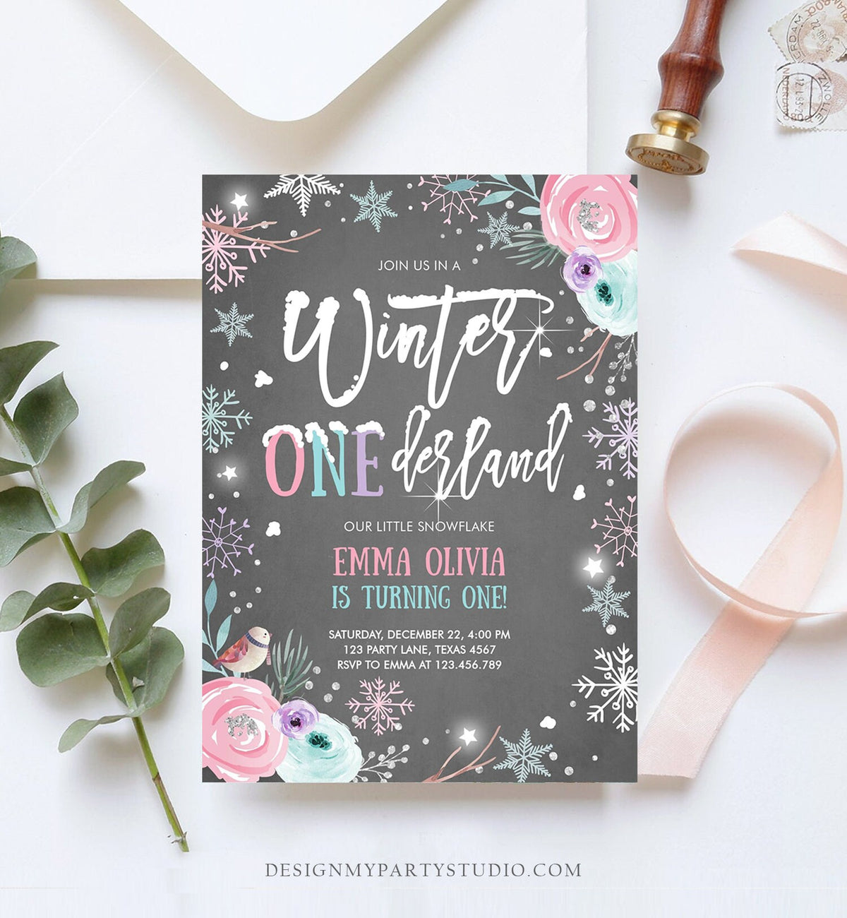 Editable Winter ONEderland Birthday Invitation First Birthday Snowflake Pink Silver Grey Floral Printable Invitation Template Corjl 0256