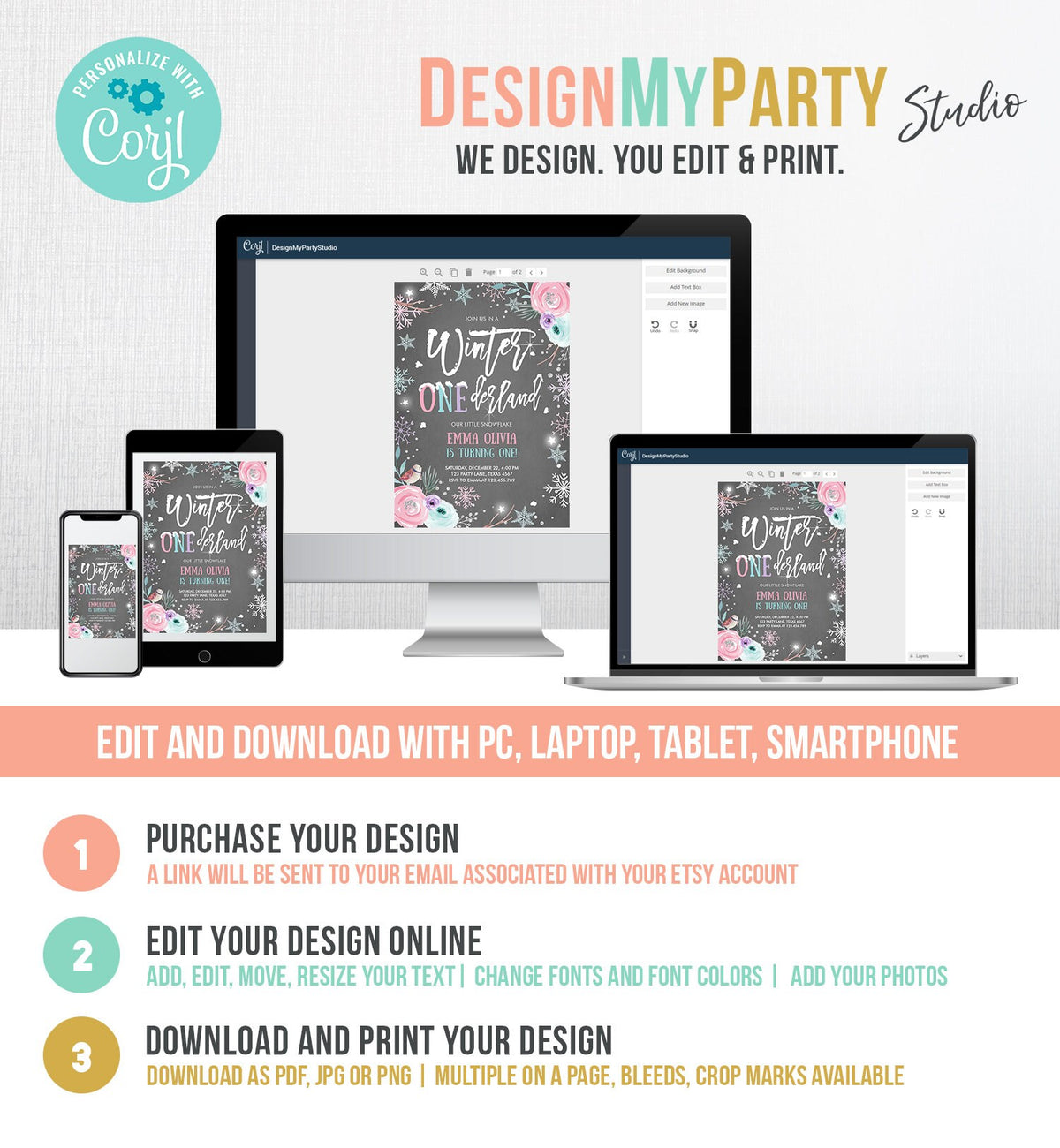 Editable Winter ONEderland Birthday Invitation First Birthday Snowflake Pink Silver Grey Floral Printable Invitation Template Corjl 0256