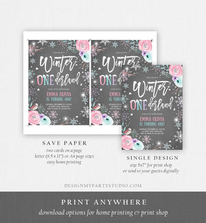 Editable Winter ONEderland Birthday Invitation First Birthday Snowflake Pink Silver Grey Floral Printable Invitation Template Corjl 0256