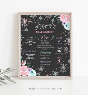 Editable Winter Birthday Milestones Sign Winter Onederland First Birthday Girl Pink Silver Snowflakes Floral Corjl Template Printable 0256