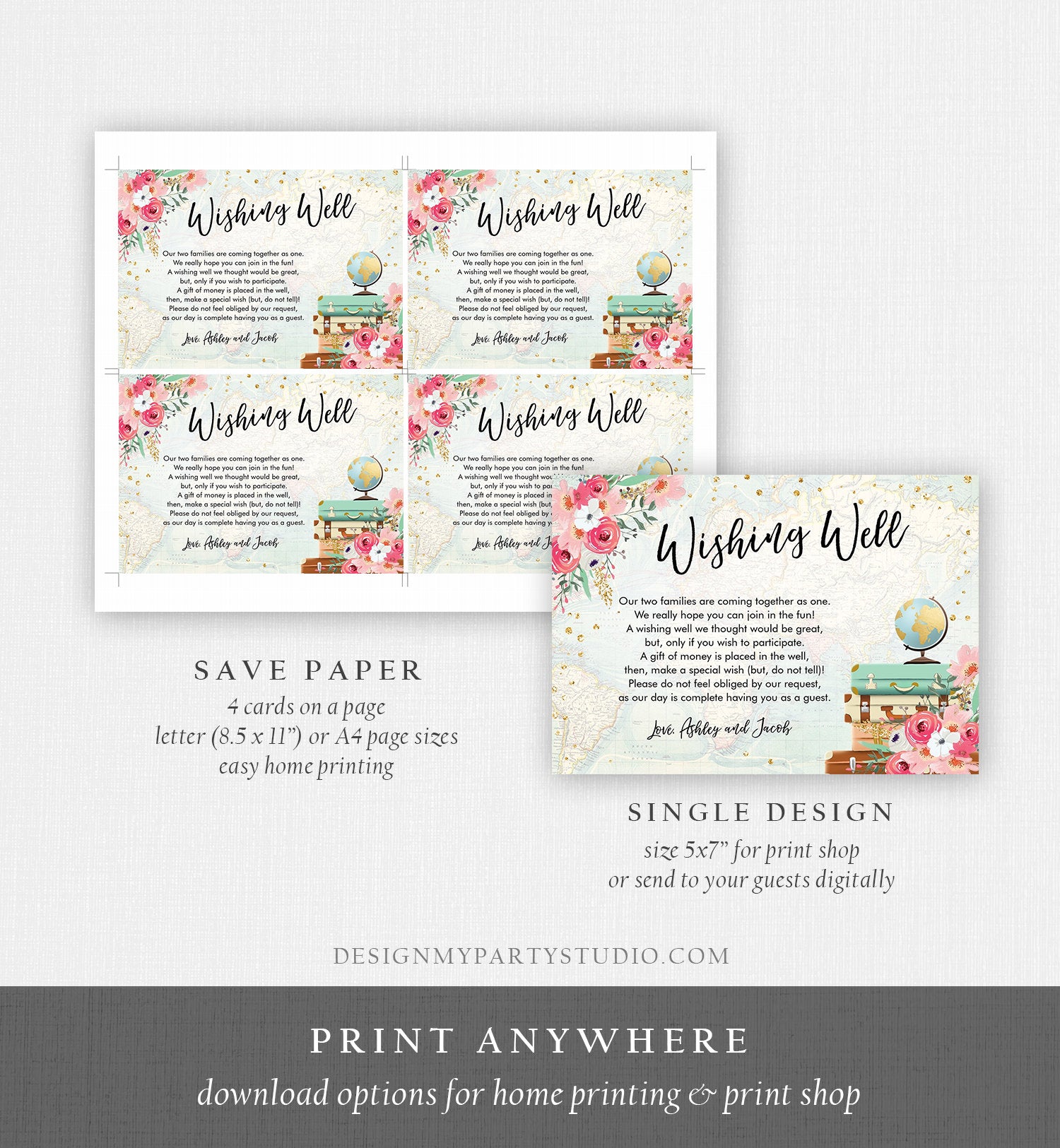 Editable Wishing Well Card Travel Themed Miss to Mrs Insert Wedding Traveling World Map Vintage Suitcases Download PRINTABLE Corjl 0030