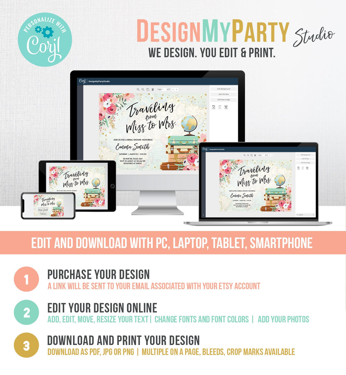 Editable Miss to Mrs Travel Bridal Shower Invitation Flowers Globe Suitcase Gold Confetti Traveling Download Printable Corjl Template 0030