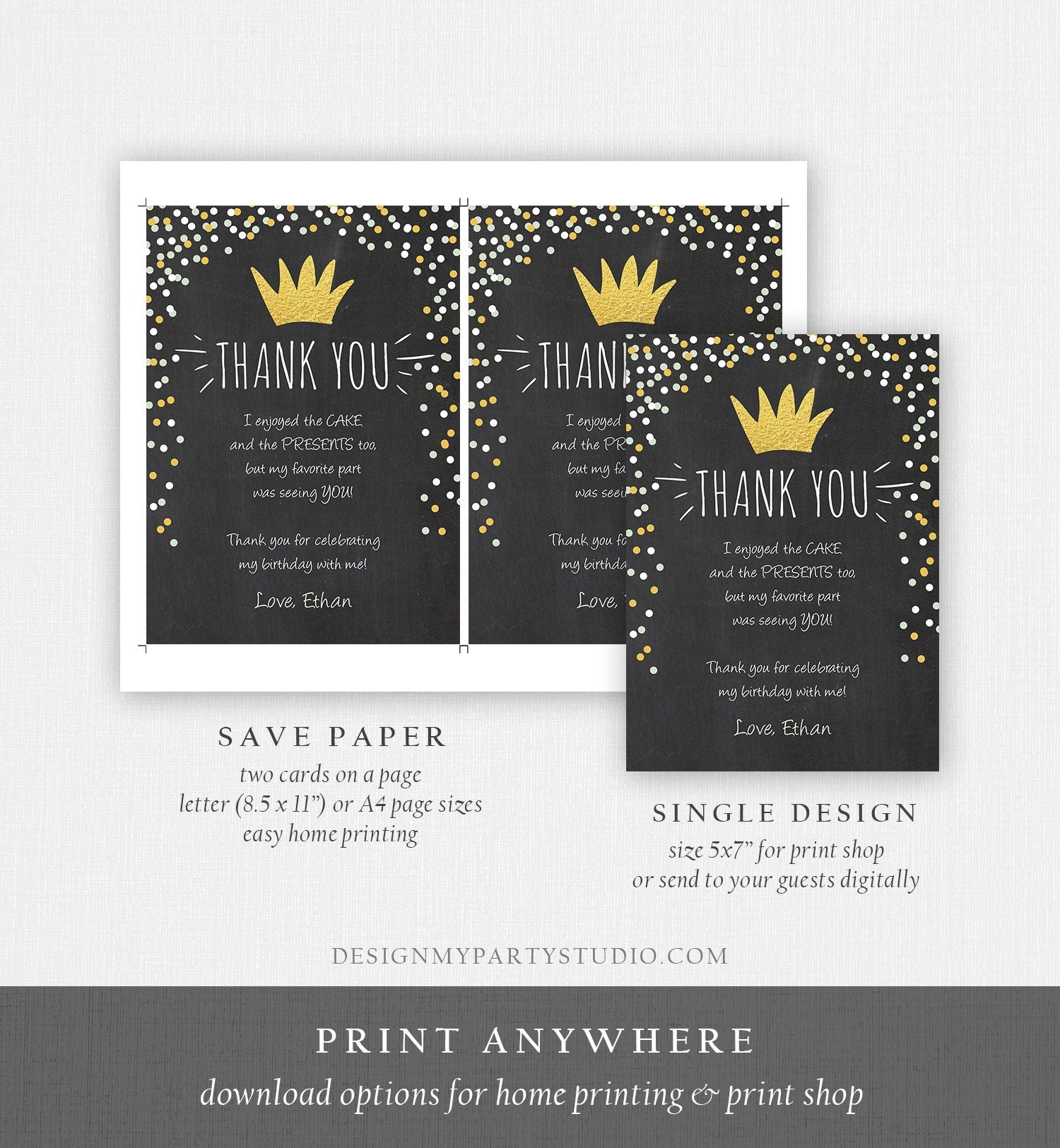 Editable Wild Things Thank You Card Gold Crown Boy Chalk Confetti Thank You Note Wild One Birthday Download Printable Corjl Template 0099
