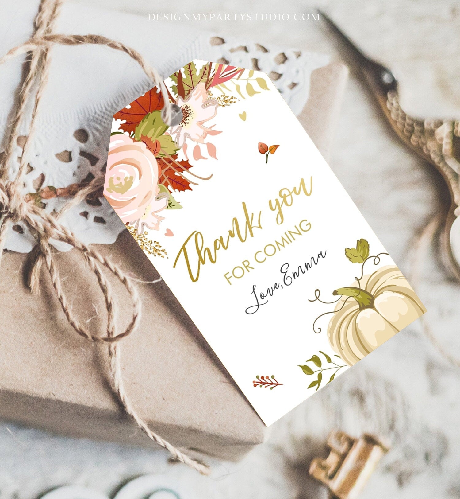 Editable Pumpkin Favor Tags Thank You Tag Fall In Love Bridal Shower Autumn Floral Flowers Pink Gold Orange Rustic Corjl Template 0176