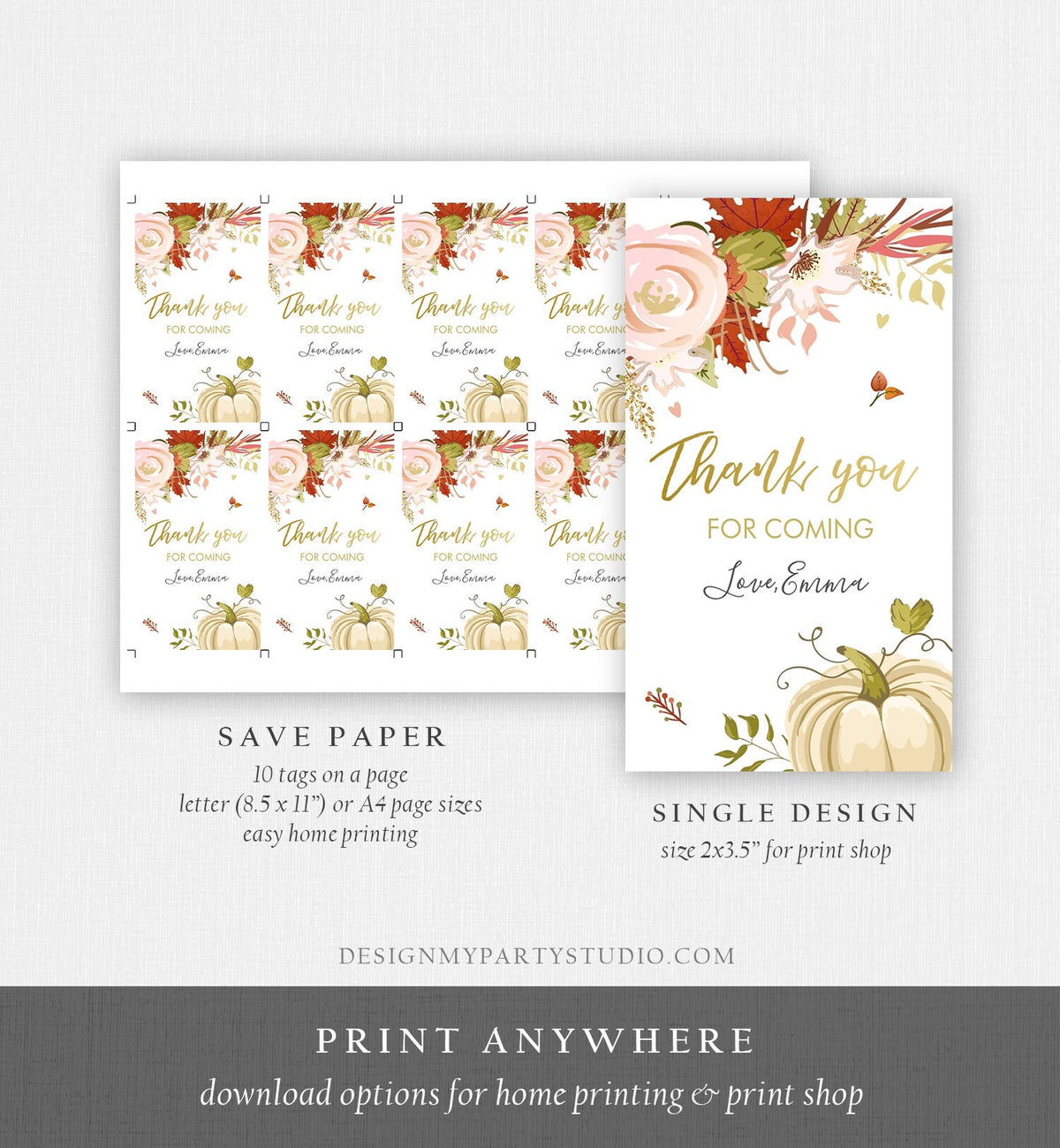 Editable Pumpkin Favor Tags Thank You Tag Fall In Love Bridal Shower Autumn Floral Flowers Pink Gold Orange Rustic Corjl Template 0176