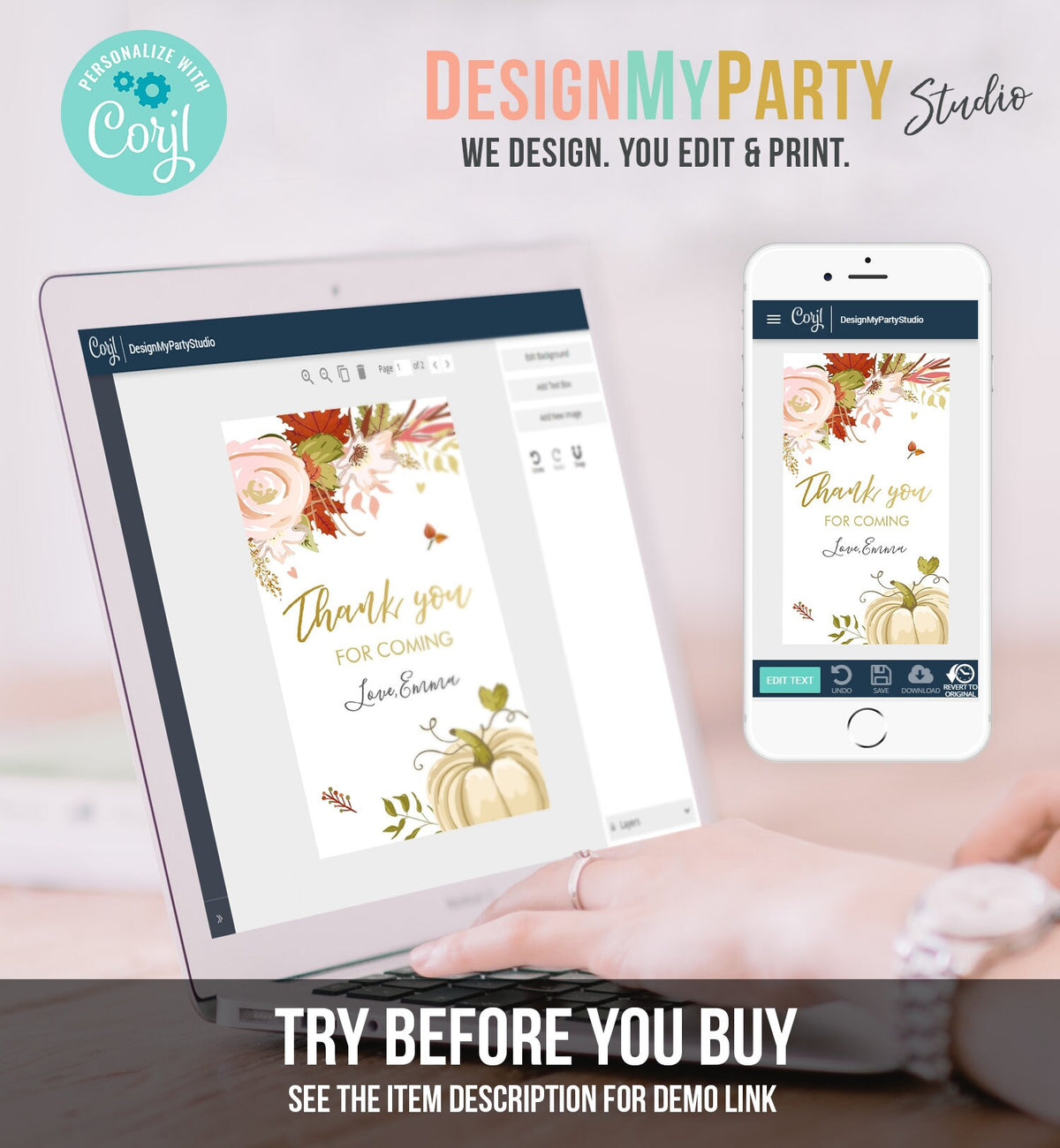 Editable Pumpkin Favor Tags Thank You Tag Fall In Love Bridal Shower Autumn Floral Flowers Pink Gold Orange Rustic Corjl Template 0176