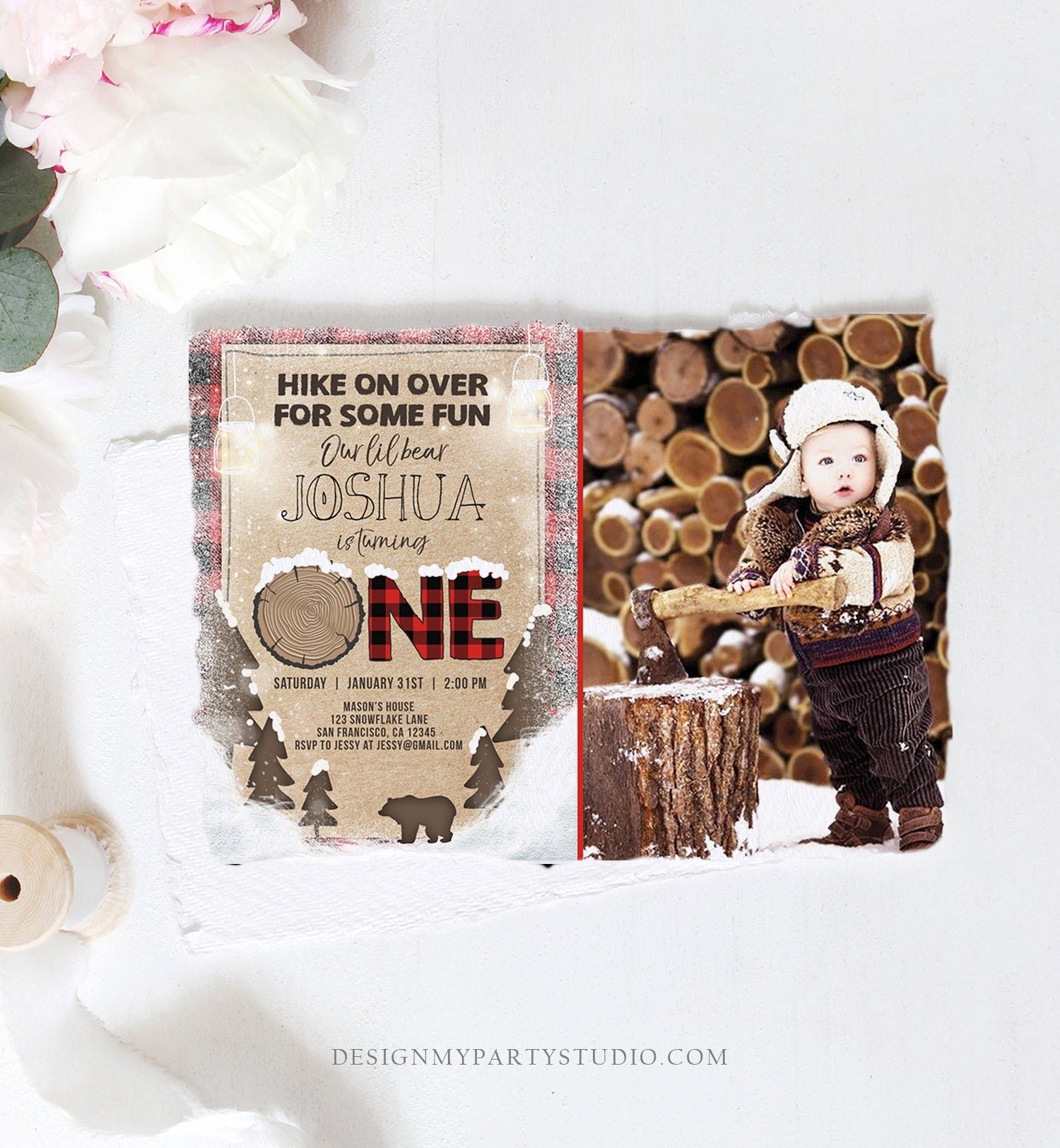 Editable Winter Lumberjack Birthday Invitation Rustic Woodland First Birthday Snow Forest Red Plaid Download Printable Corjl Template 0026