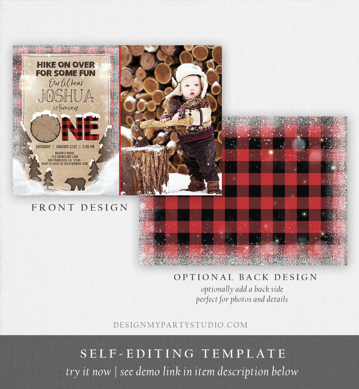 Editable Winter Lumberjack Birthday Invitation Rustic Woodland First Birthday Snow Forest Red Plaid Download Printable Corjl Template 0026